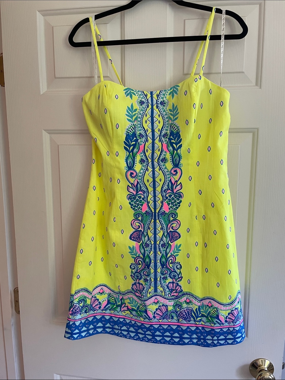 NWT Lilly Pulitzer Neon Yellow Mini Dress with Blue and Pink Border